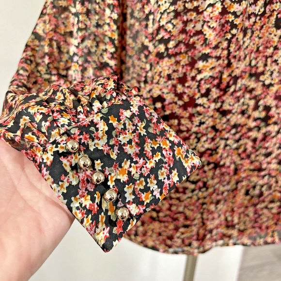 H&M Floral Top Blouse Vintage 80's Look Pink Yellow Black Silky Floral Size M - Picture 3 of 11